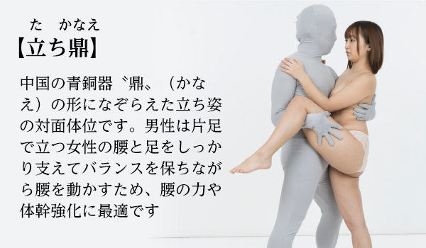 【立ち鼎（たちかなえ）】中国の青銅器〝鼎〟（かなえ）の形になぞらえた立ち姿の対面体位です。男性は片足で立つ女性の腰と足をしっかり支えてバランスを保ちながら腰を動かすため、腰の力や体幹強化に最適です