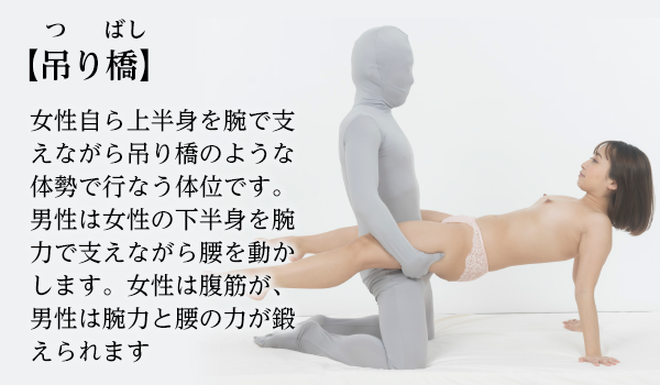 【吊り橋（つりばし）】女性自ら上半身を腕で支えながら吊り橋のような体勢で行なう体位です。男性は女性の下半身を腕力で支えながら腰を動かします。女性は腹筋が、男性は腕力と腰の力が鍛えられます